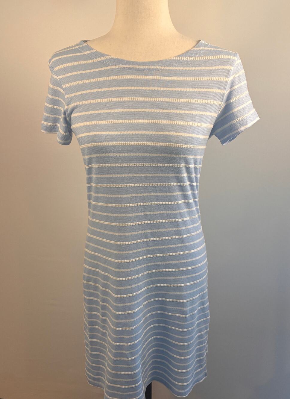 STS Sail To Sable Striped Knit Shift Dress Small Light Blue White Gold Back Zip